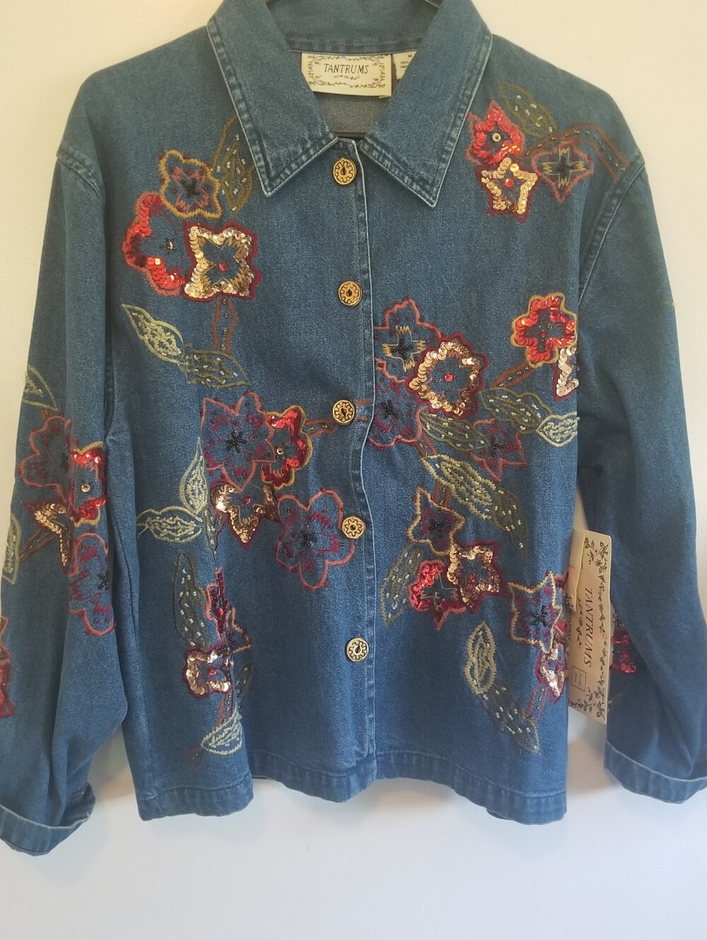 NWT Tantrums Sequin Embroidered Denim Jacket Floral Button Front Size M Y2K